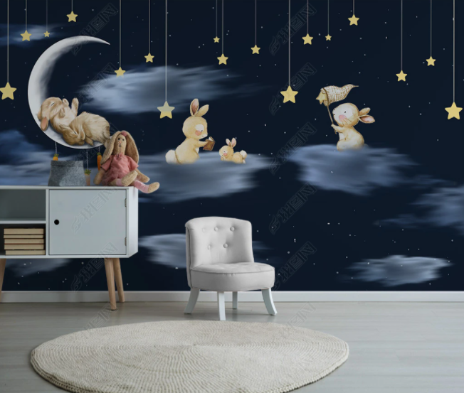 3D Cartoon Rabbit Moon Wall Mural Wallpaper Sww 148