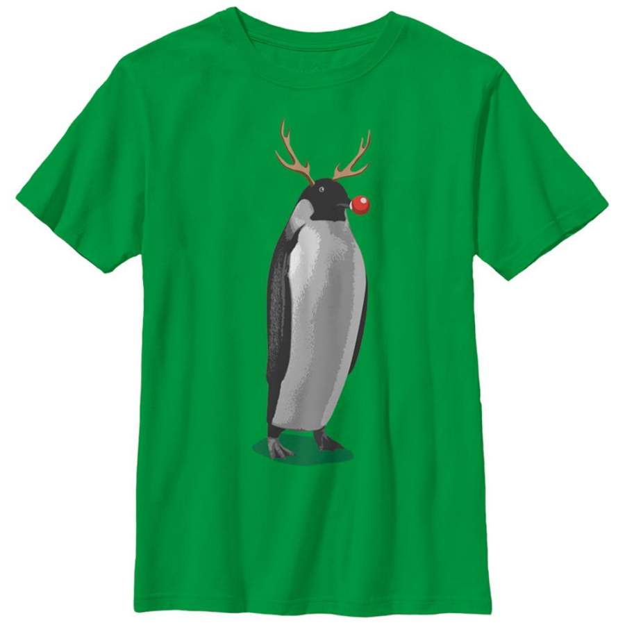 Lost Gods Boy’s Christmas Penguin Reindeer  T Shirt Kelly Green S