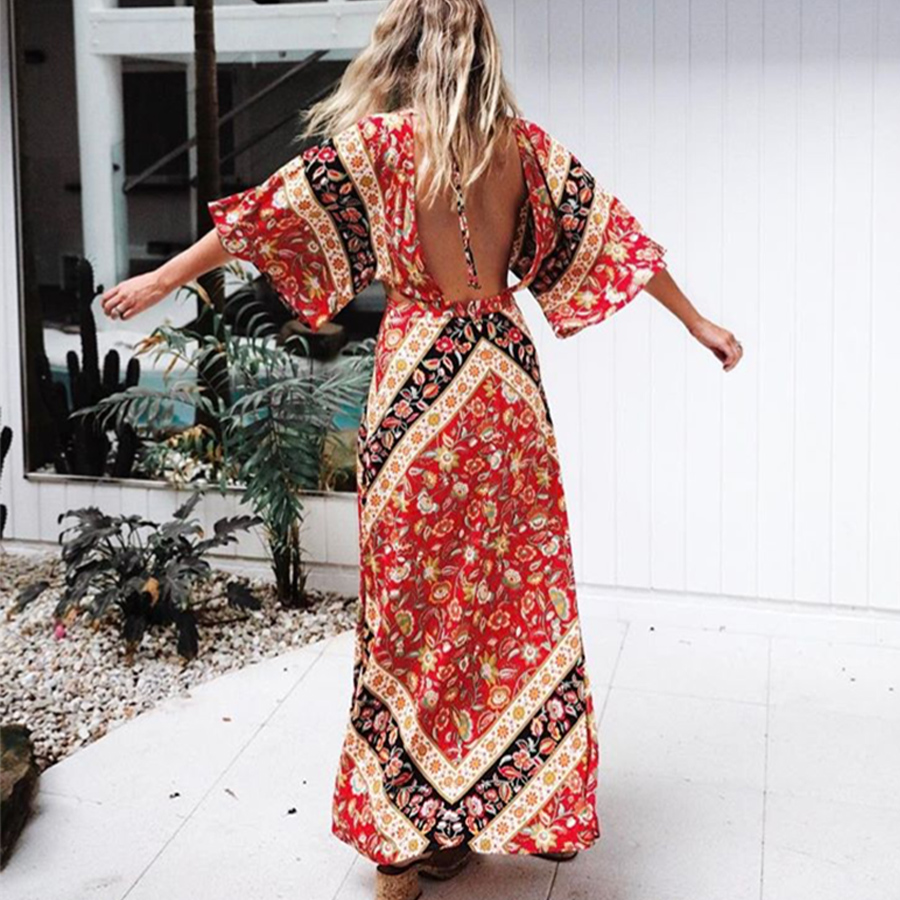 AYUALIN sexy backless women dresses cotton orange floral print boho dress v-neck Side slit maxi dress summer Dresses Vestidos alx