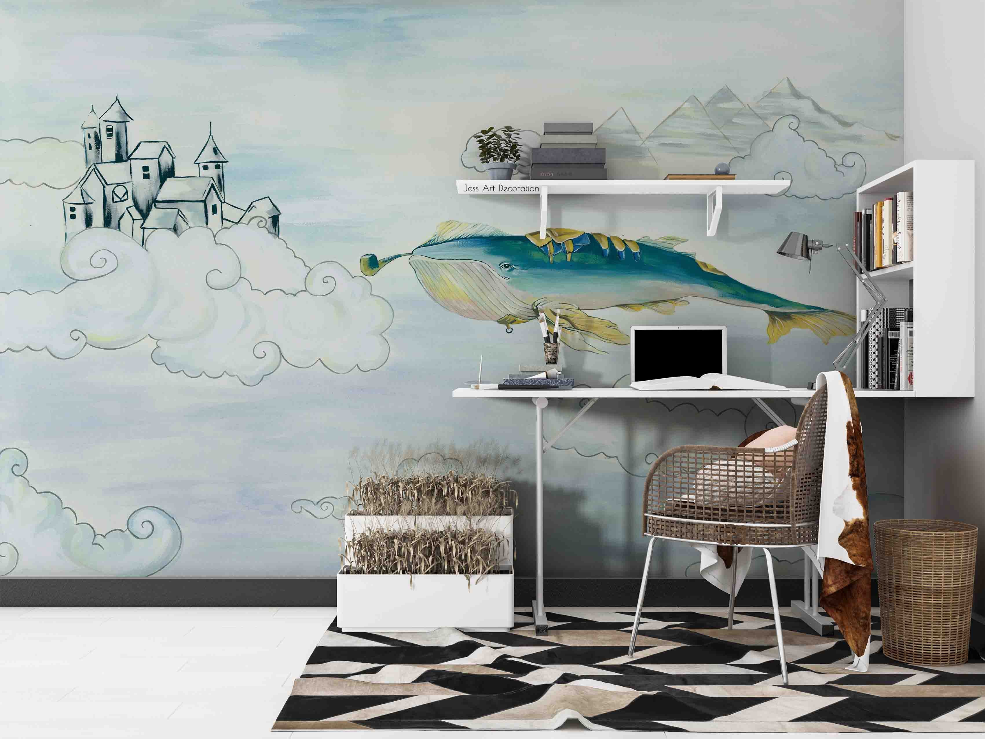 3D Sky Whale Castle Wall Mural Wallpaper Sww  111