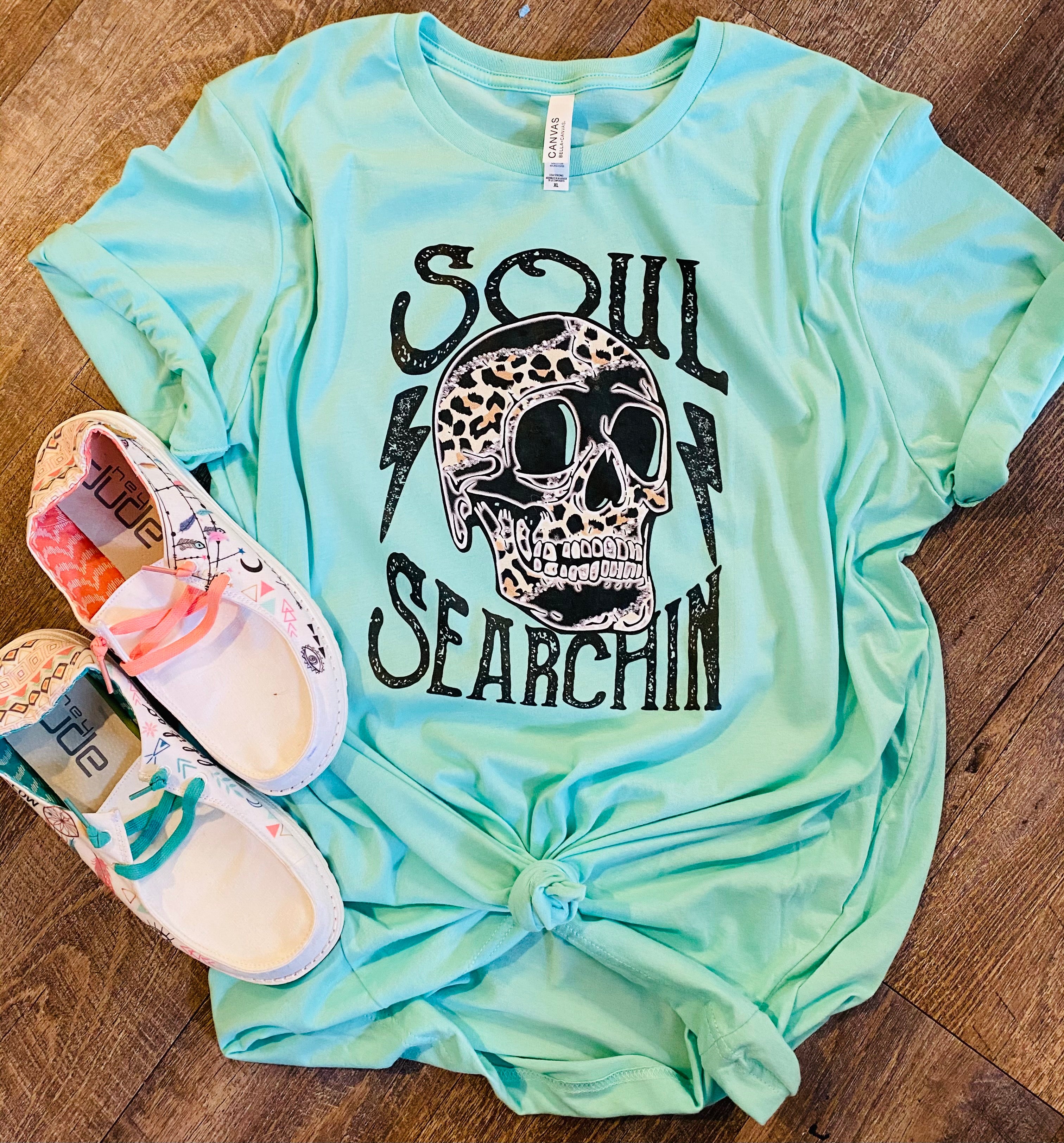 Soul Searchin Leopard Skull Lt Teal Graphic Tee Long Sleeve Crew Or Hoodie