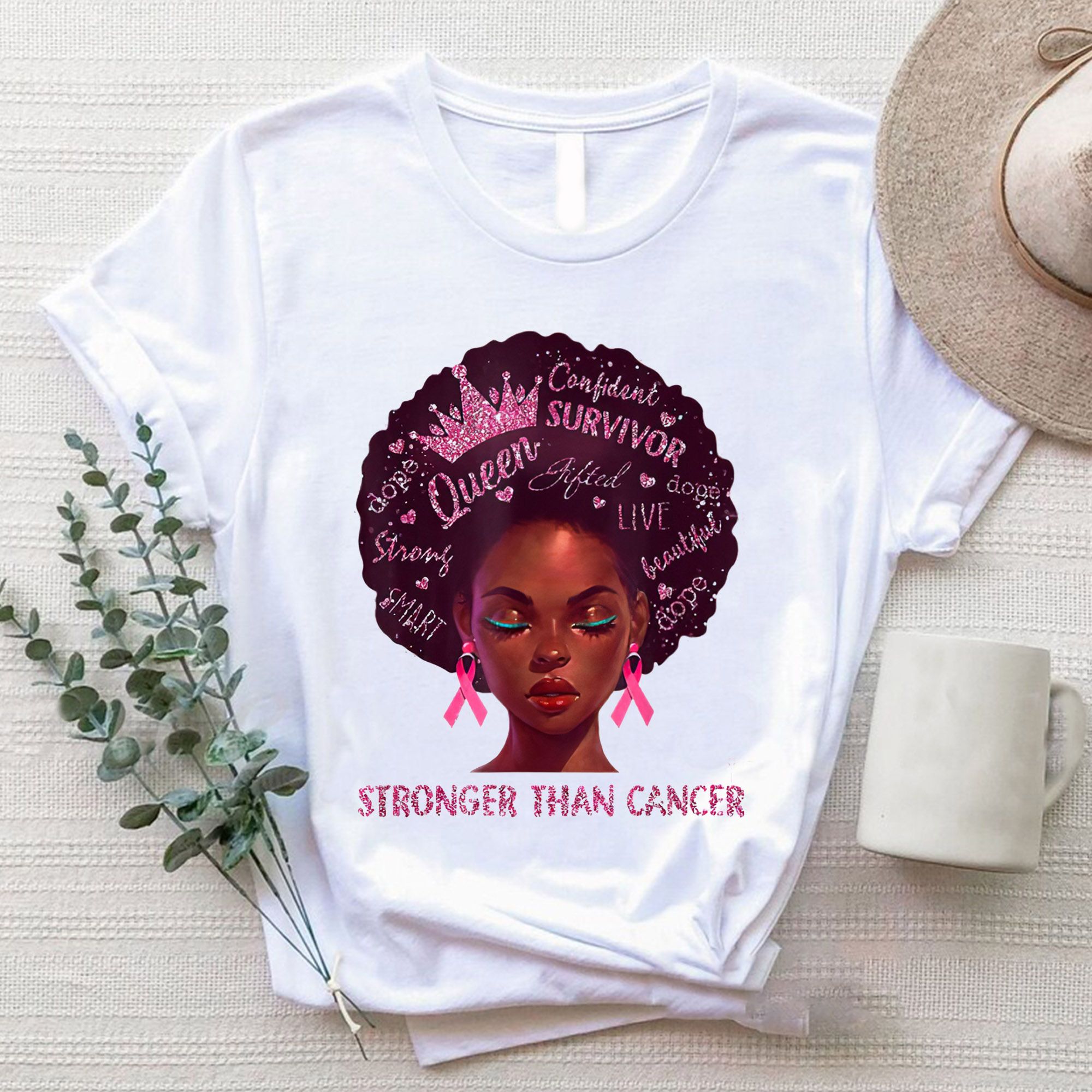 Womens Black Queen Stronger Than Breast Cancer Pink Ribbon T Shirt