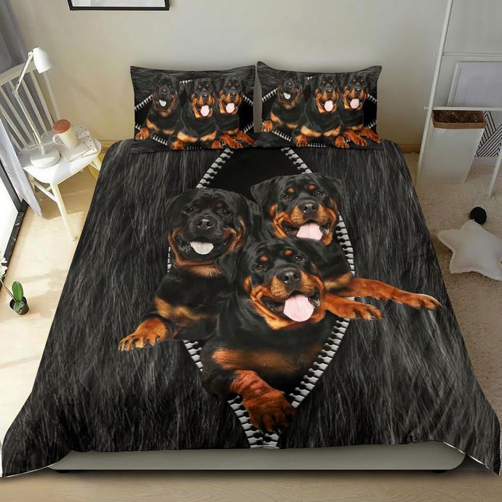 Cute Puppy Rottweiler Set Comforter Duvet Cover With Two Pillowcase Bedding Set