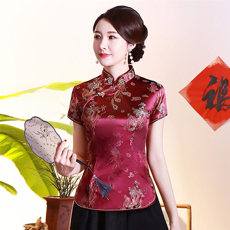 Vintage Flower Women Chinese Traditional Satin Blouse Summer Sexy Shirt Novelty Dragon Clothing Tops Plus Size 3XL 4XL WS009 alx