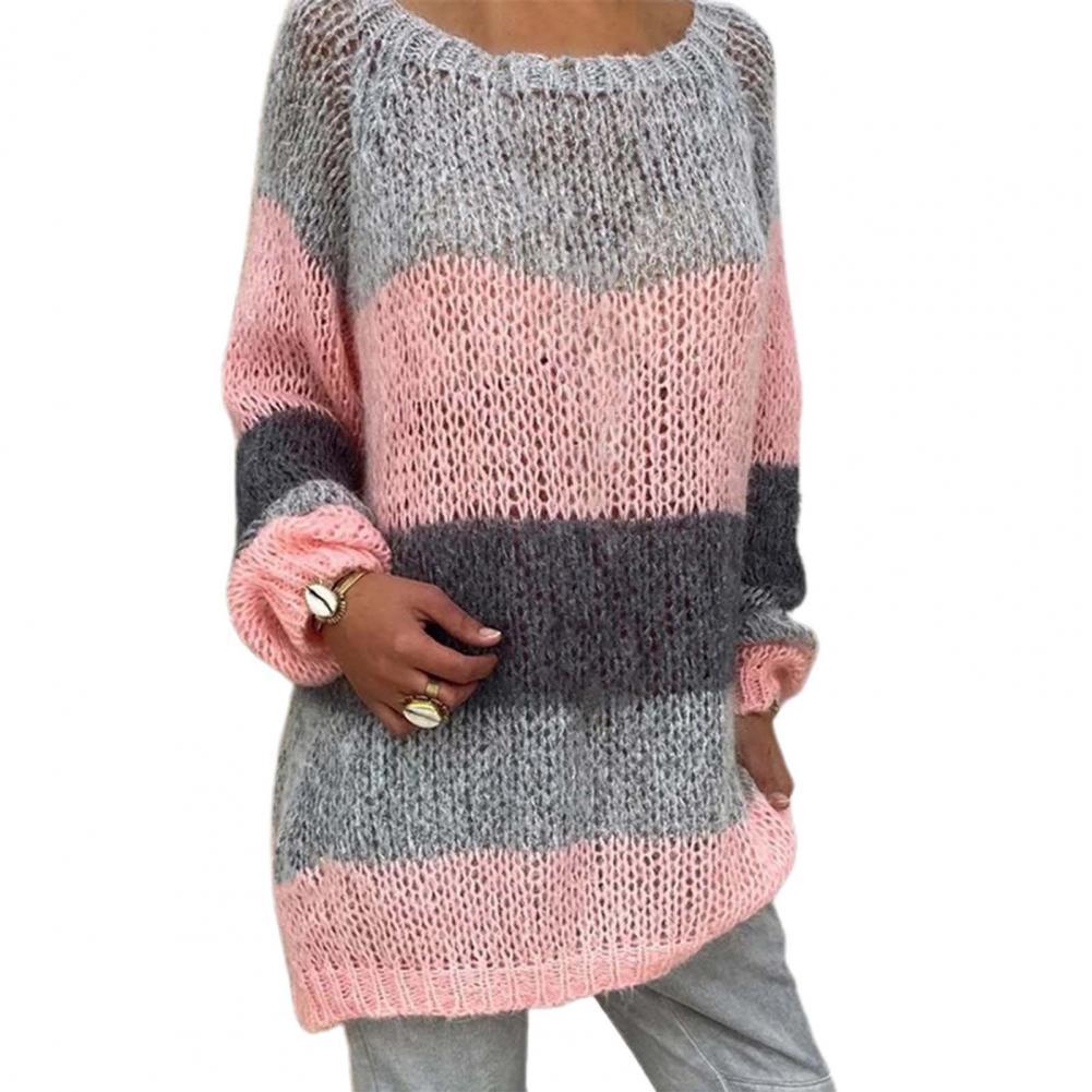 Women Autumn Winter Sweet Pink Striped Hollow Crochet Sweater Loose Knitwear Women’s Clothing Кофта Женская Jersey Mujer 2022 alx