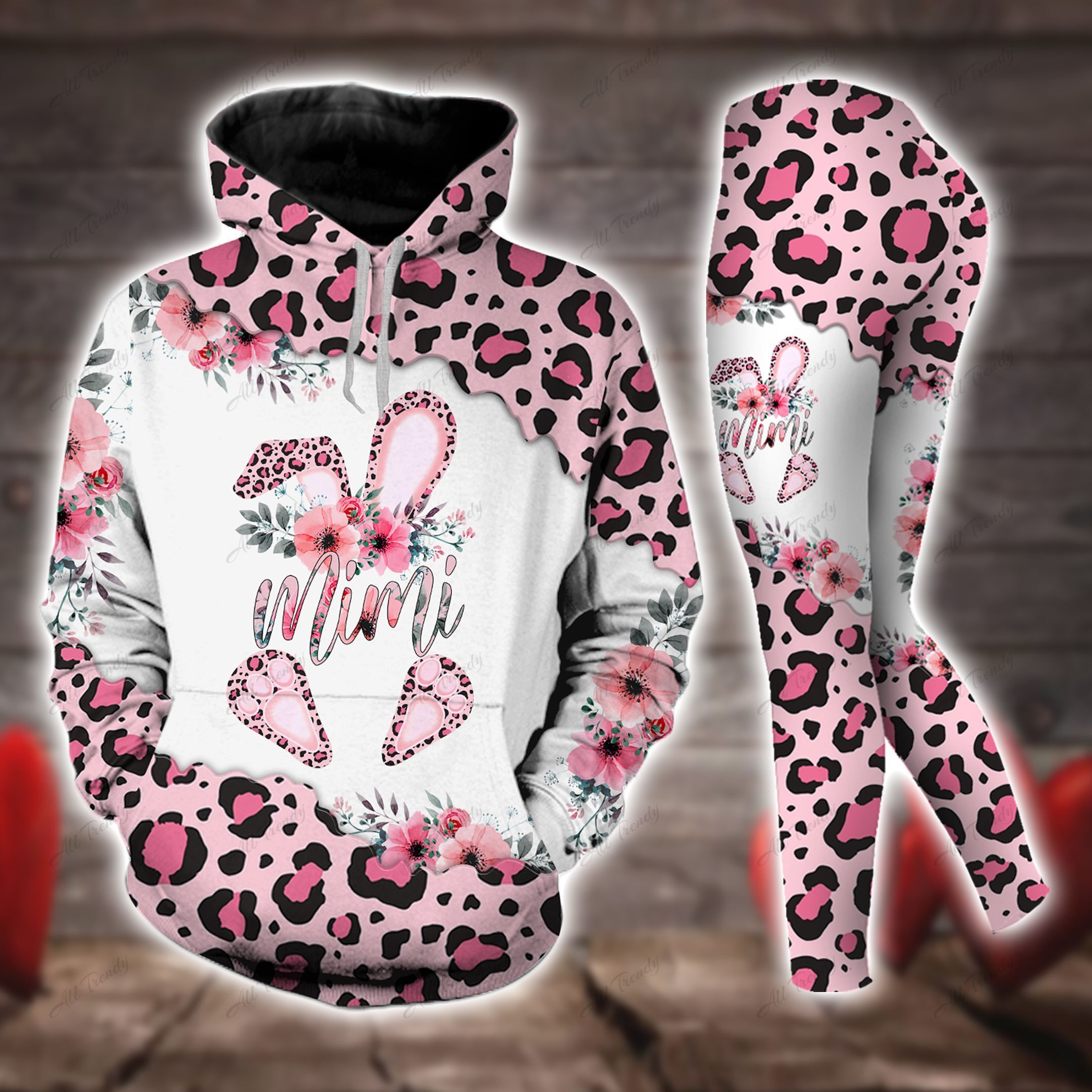 Pink Mimi Bunny Easter Leopard Hoodie Set