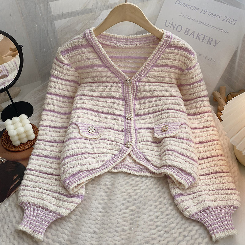 Yitimoky Elegant Women Striped Knitted Cardigan Chic Crop Sweater Long Sleeve Button Up Korean Fashion Floral Button Jumpers alx