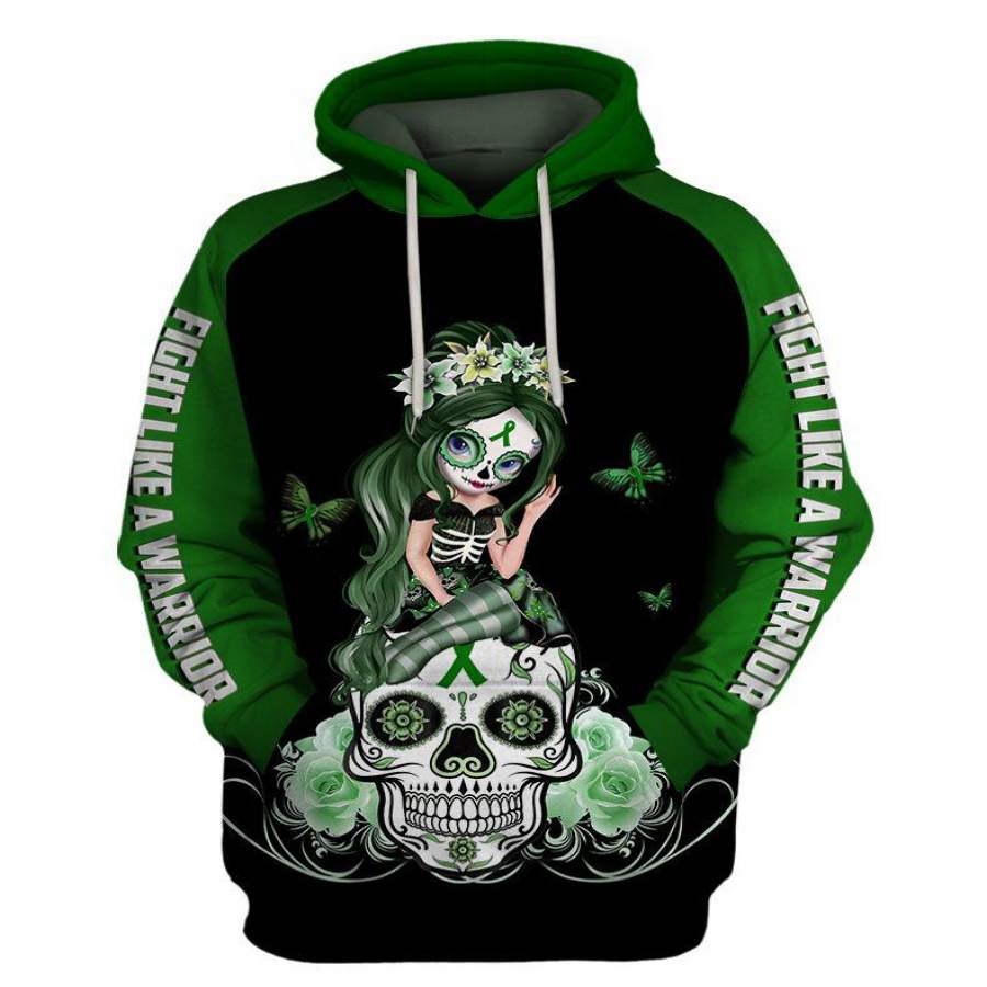 Fight Like A Warrior™ Green Liver Cancer Sugar Skull Girl Awareness Hoodie