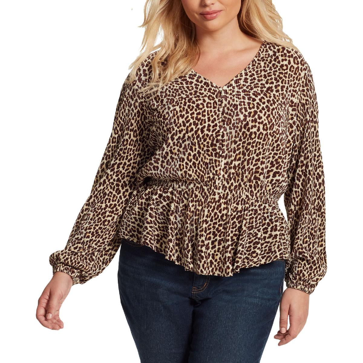 Plus Bettina Womens Animal Print V-Neck Peplum Top