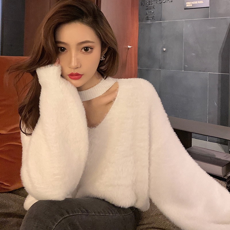 V-neck Women’s Sweater Loose Casual Lazy Style Knitwear Mohair Pullover Lantern Sleeve Fashion Women’s Top Winter New свитер alx