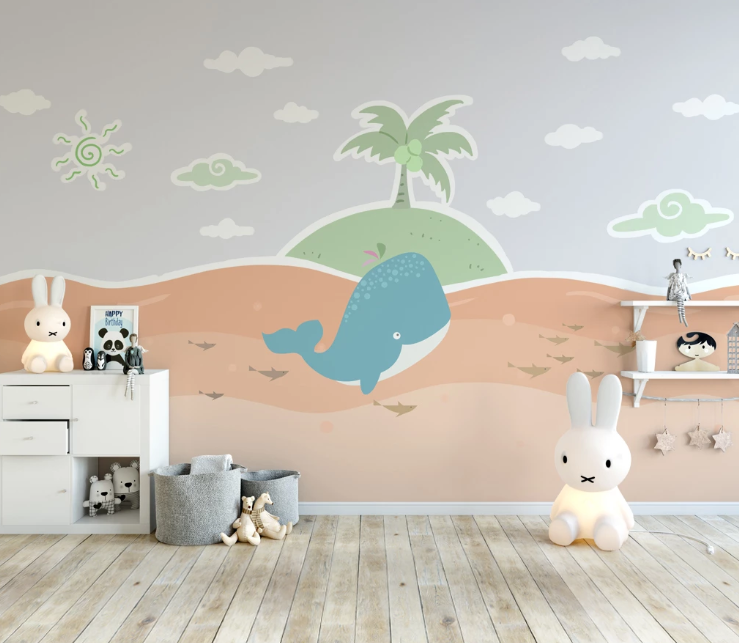 3D Cartoon Whale Fish Coconut Tree Kid Wall Mural Wallpaper Sf365