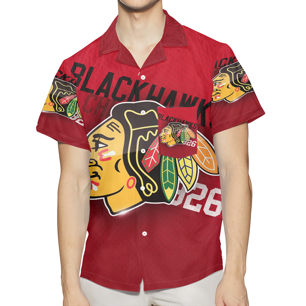 Chicago Blackhawks Emblem Texture 3D All Over Print Summer Beach Hawaiian Shirt With Pocket