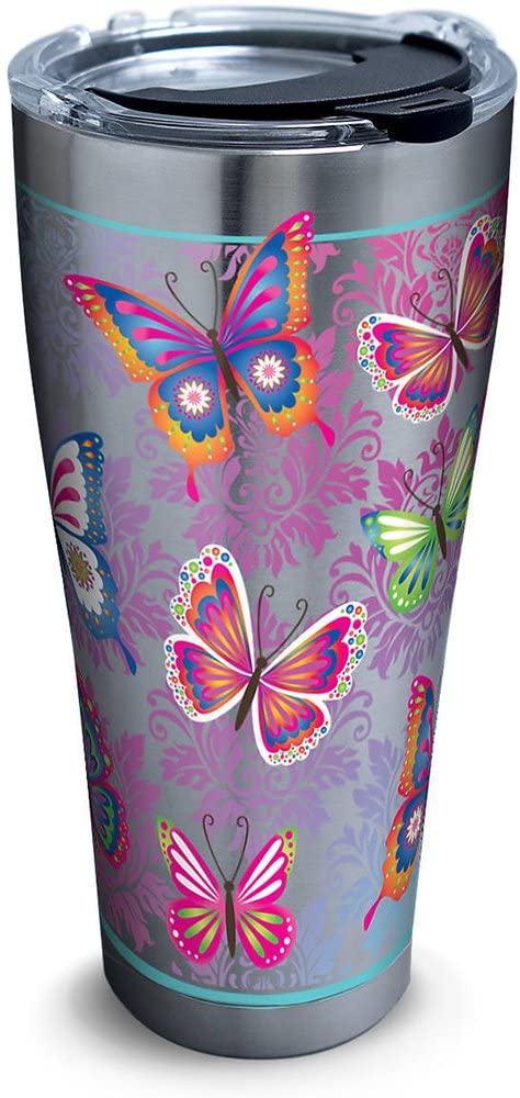 Butterfly Motif Stainless Steel Tumbler With Clear And Black Hammer Lid 20Oz, Silver, Butterfly Tumbler