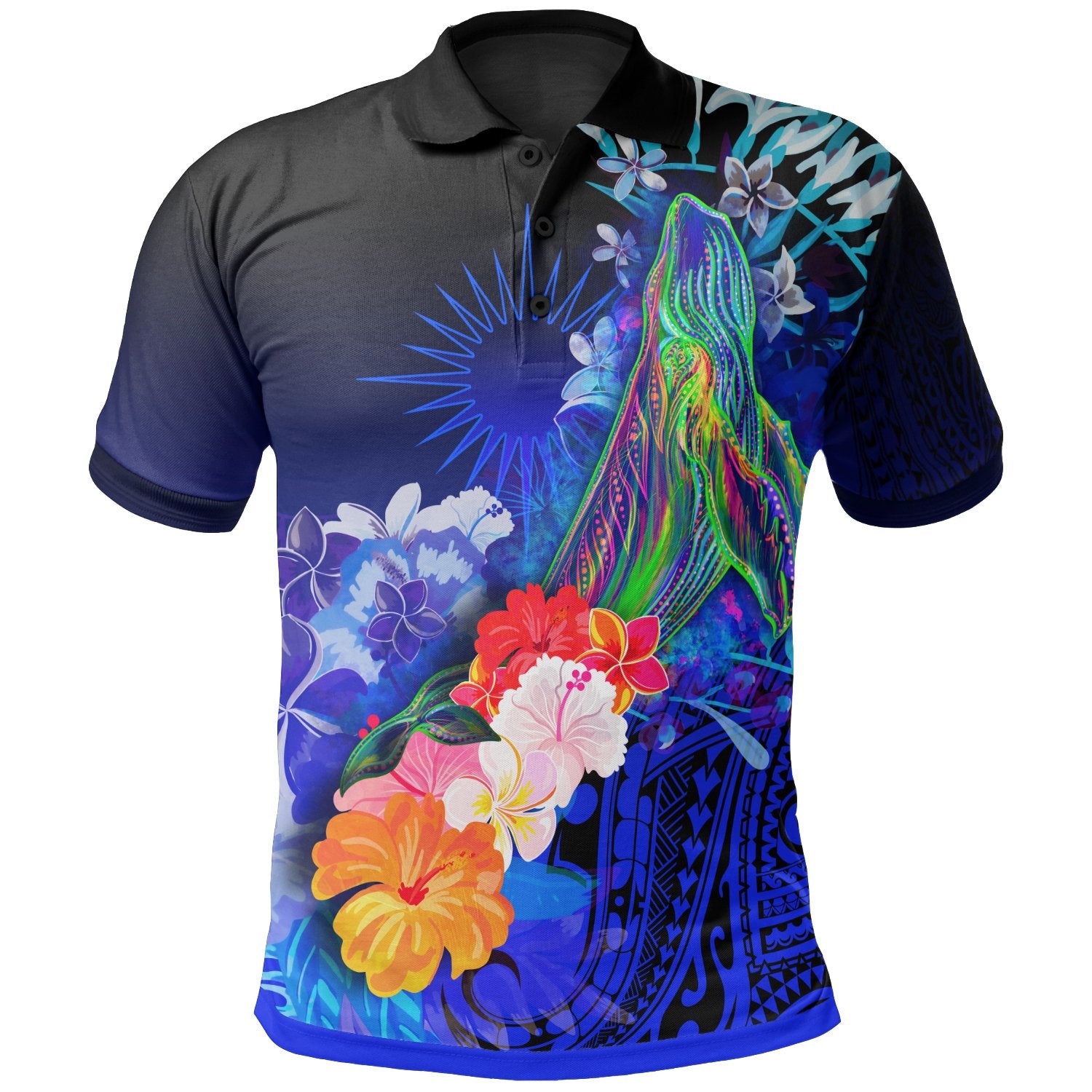 Marshall Islands Polo Shirt – Humpback Whale With Tropical Flowers (Blue)