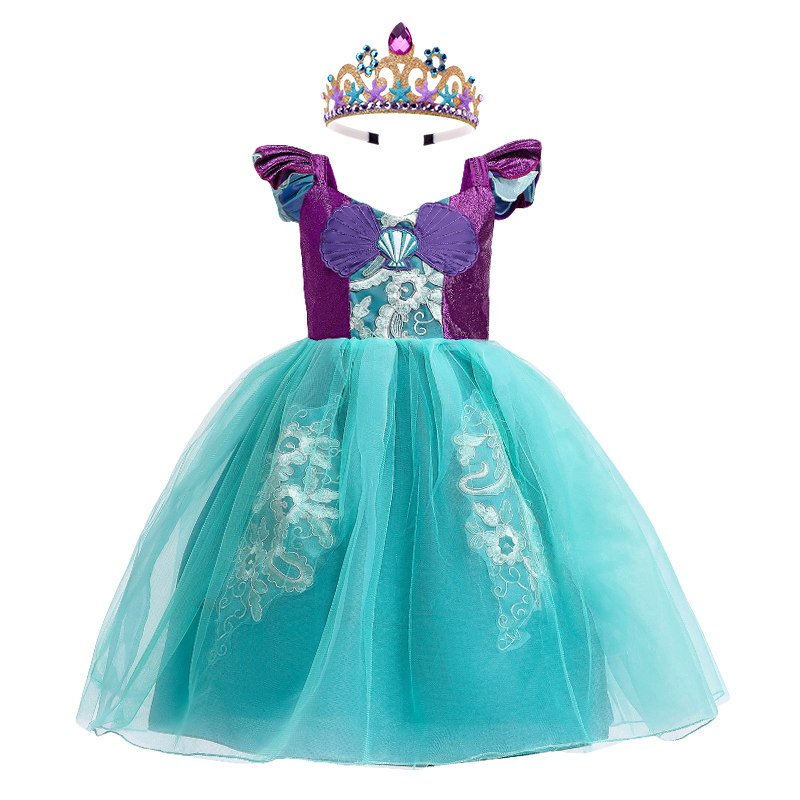 Summer 2022 Fancy Little Girl Embroidered Ariel Princess Mermaid Dress Elegant HalloweenChildren Tulle Birthday Party Ball Gown alx