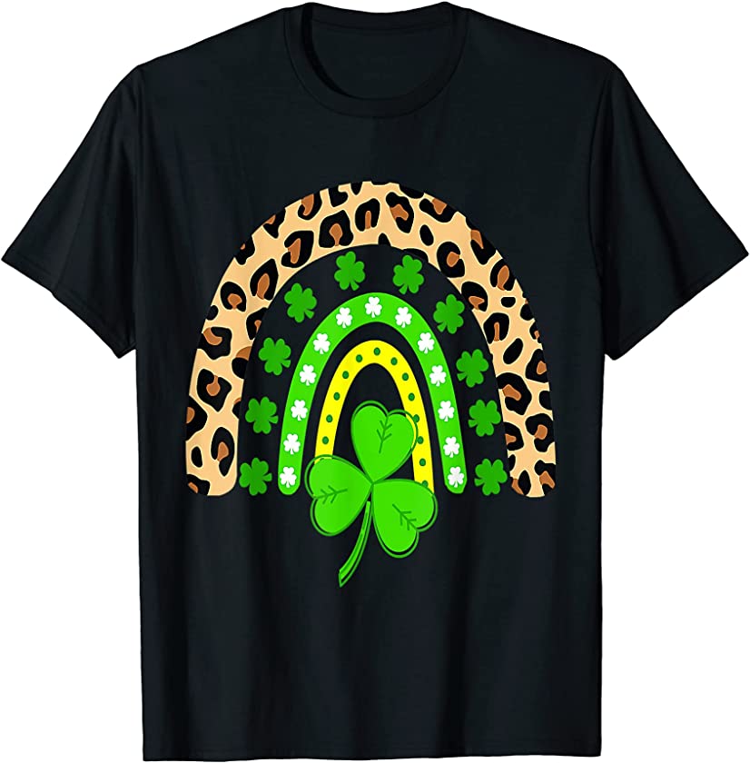 Cute Rainbow Leopard Print Shamrock Lucky St Patricks Day T-Shirt