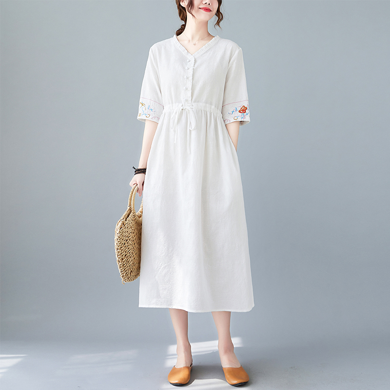 2022 New Arrival Embroidery Floral Fashion Women Casual Summer Dress Soft Cozy Cotton Linen Jacquard Office Lady Work Midi Dress alx