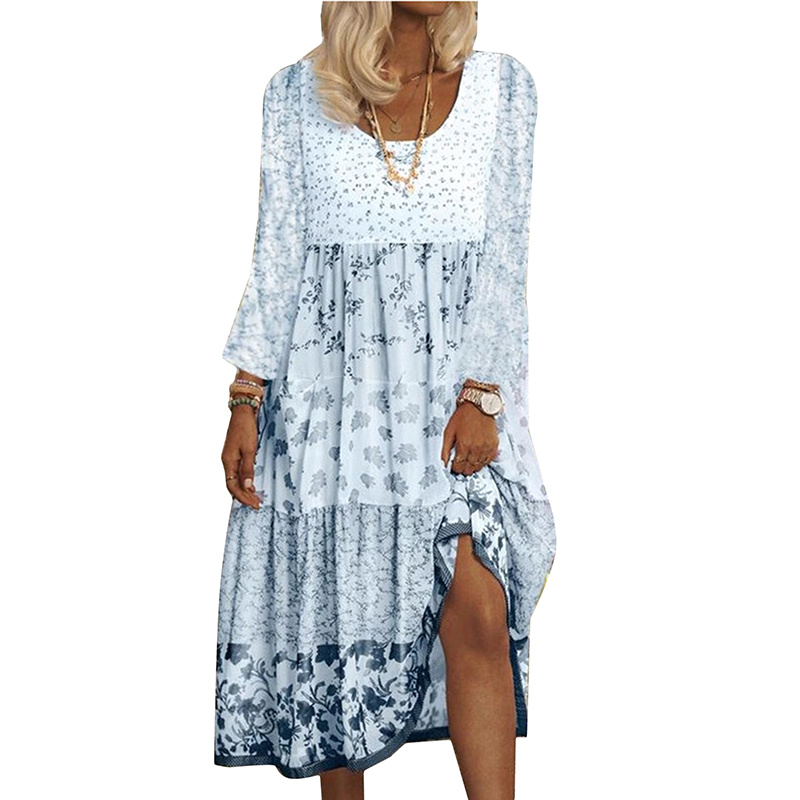 Womens Dress Casual Loose Floral Print Maxi Dresses Long Sleeve Swing Pleated Bohemian Dresses Lady Comfortable Breathable Dress alx