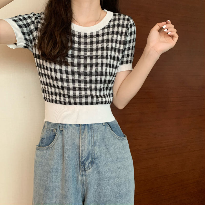 Sweater Women Summer New Korean Style Slim Plaid Crop Pullover Short Sleeve Knitting Ladies Fashion All-match O-neck Elasticity alx