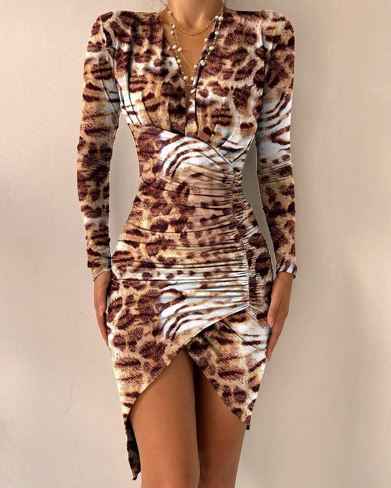 Women`s Fashion Sexy V-neck Long Sleeve Slim Office Dress Elegant Party Printed Bodycon Ruched Dresses Vestido Feminino alx