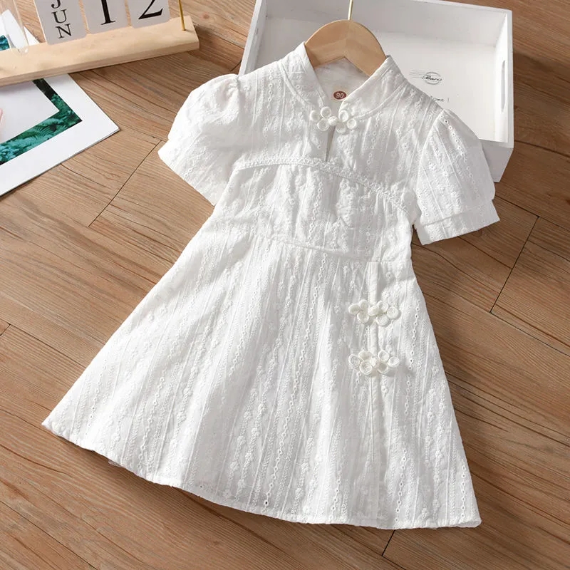 Summer Girls White Dress Girl Baby Short-sleeved Cotton Skirt Little Girl Retro Cheongsam Princess Dress 0 2 4 6Y alx