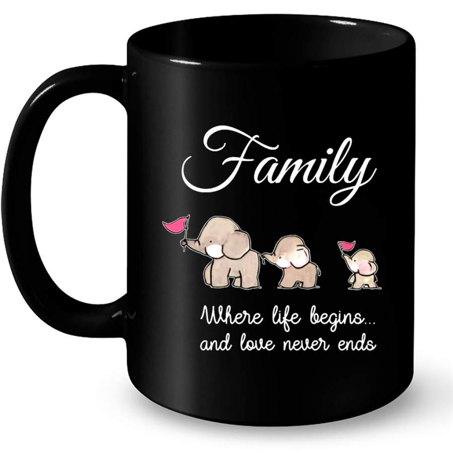 Family Where Life Begins And Love Never Ends, Elephant Lover Funny B – Full-Wrap Coffee Black Mug