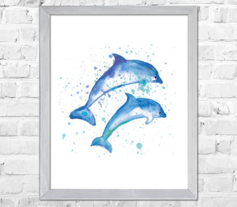 Dolphins Watercolor Painting, Dolphin Watercolor Poster