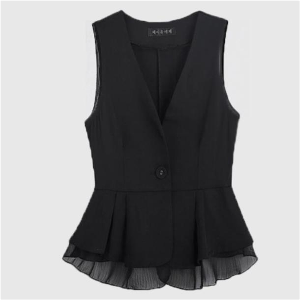 2021 Ruffles Chiffon Waistcoat Female Hot Sale Short Women’s Vest Spring Black Sleeveless Jacket Single Button Slim Veste Femme alx