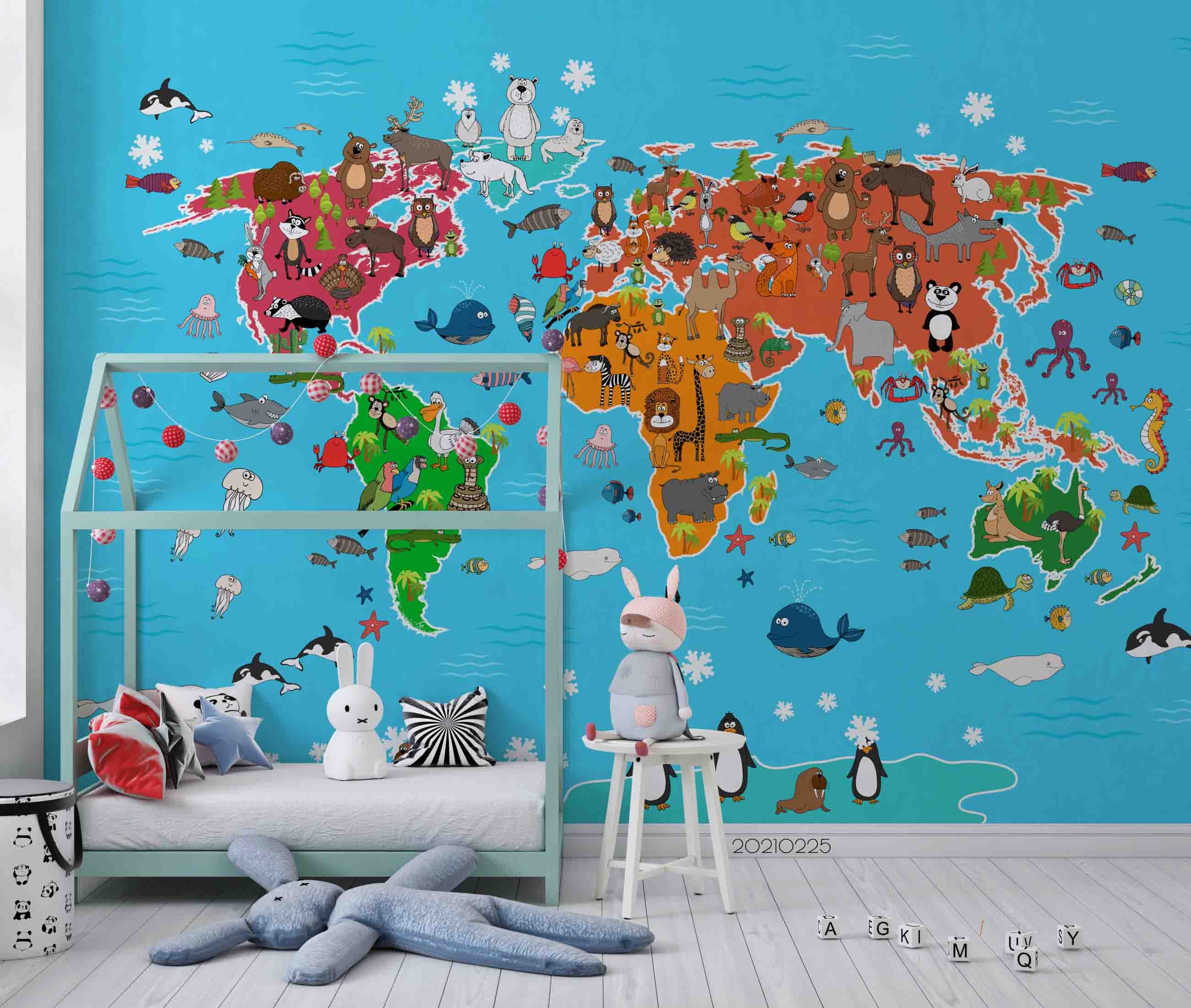 3D Cartoon Blue World Animal Map Wall Mural Wallpaper Lqh 256