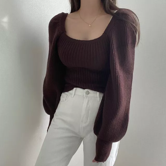 Women’s Pink Sweater Vintage Pullover Cute Long Sleeve Square Neck Top Korean Fashion Style Autumn Winter 2022 Clothing alx