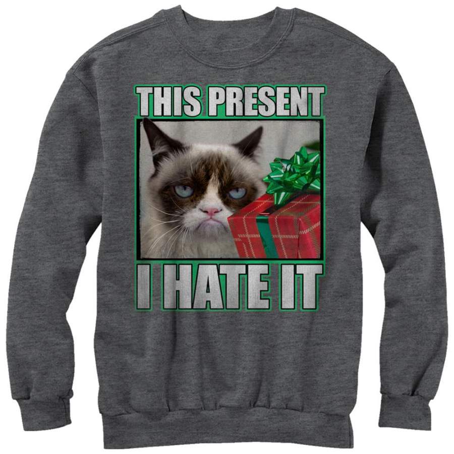 Grumpy Cat Women’s Christmas Present Hate It  Sweatshirt Charcoal Heather