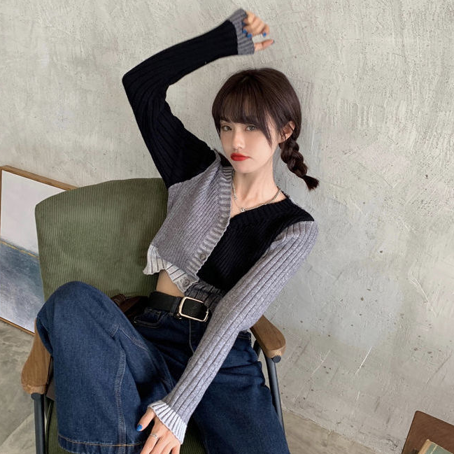 Cropped Cardigan Women Vintage Patchwork Harajuku BF Sexy V-neck Slim Sweaters Spring Autumn Long Sleeve Harajuku Fashion Design alx