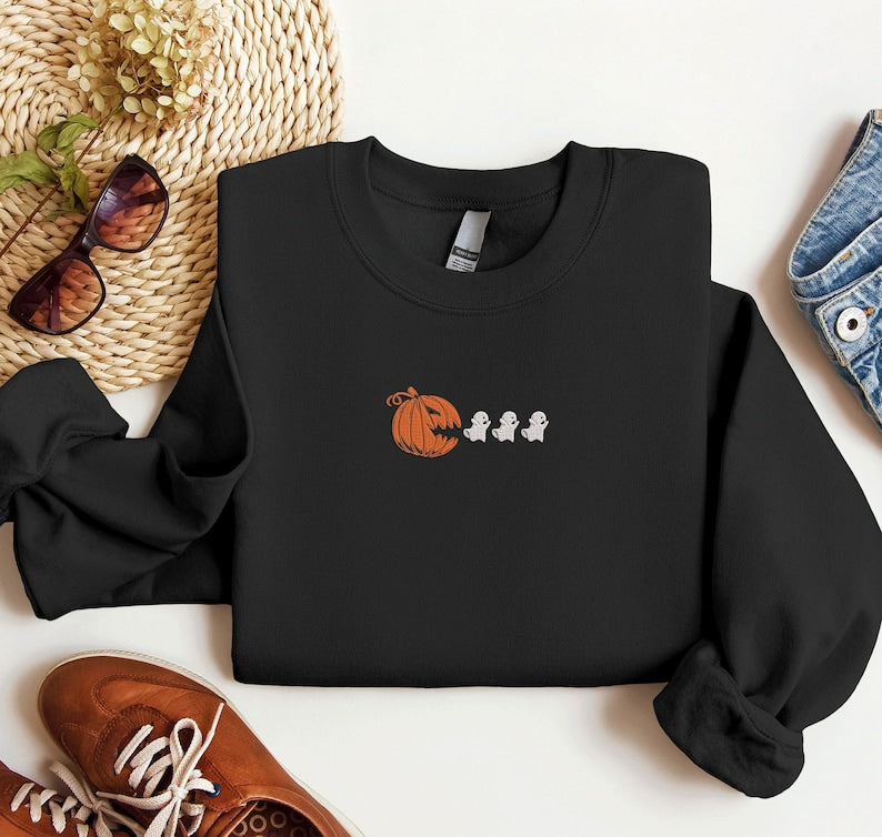 Halloween Pumpkin Eating Ghost Embroidered Sweatshirt 2D Crewneck Sweatshirt All Over Print Sweatshirt For Women Sweatshirt For Men Sws4118