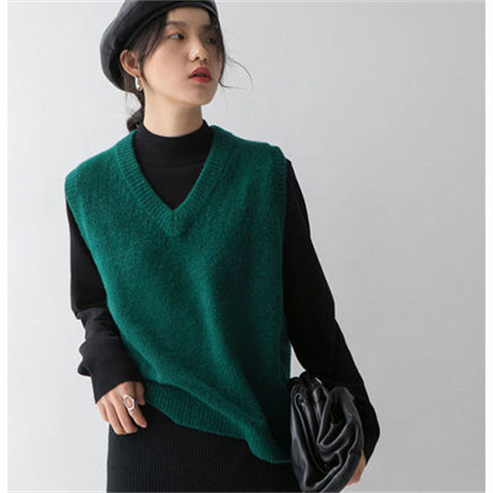 Sweaters Vest Women Korean Style Sleeveless Vintage Knitting College All-match New Pure Lady Clothing Dark Green Basic Retro alx