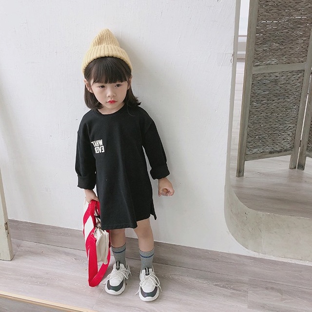 Autumn korean style baby girls long sleeve cotton letters printed dresses 2-6 years simple loose casual T shirt dress clothes alx