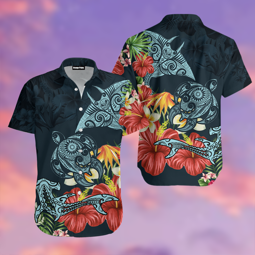 Turtle Shark Manta Ray Hibiscus Plumeria Hawaiian Shirt | For Men & Women | Adult | Wt5358