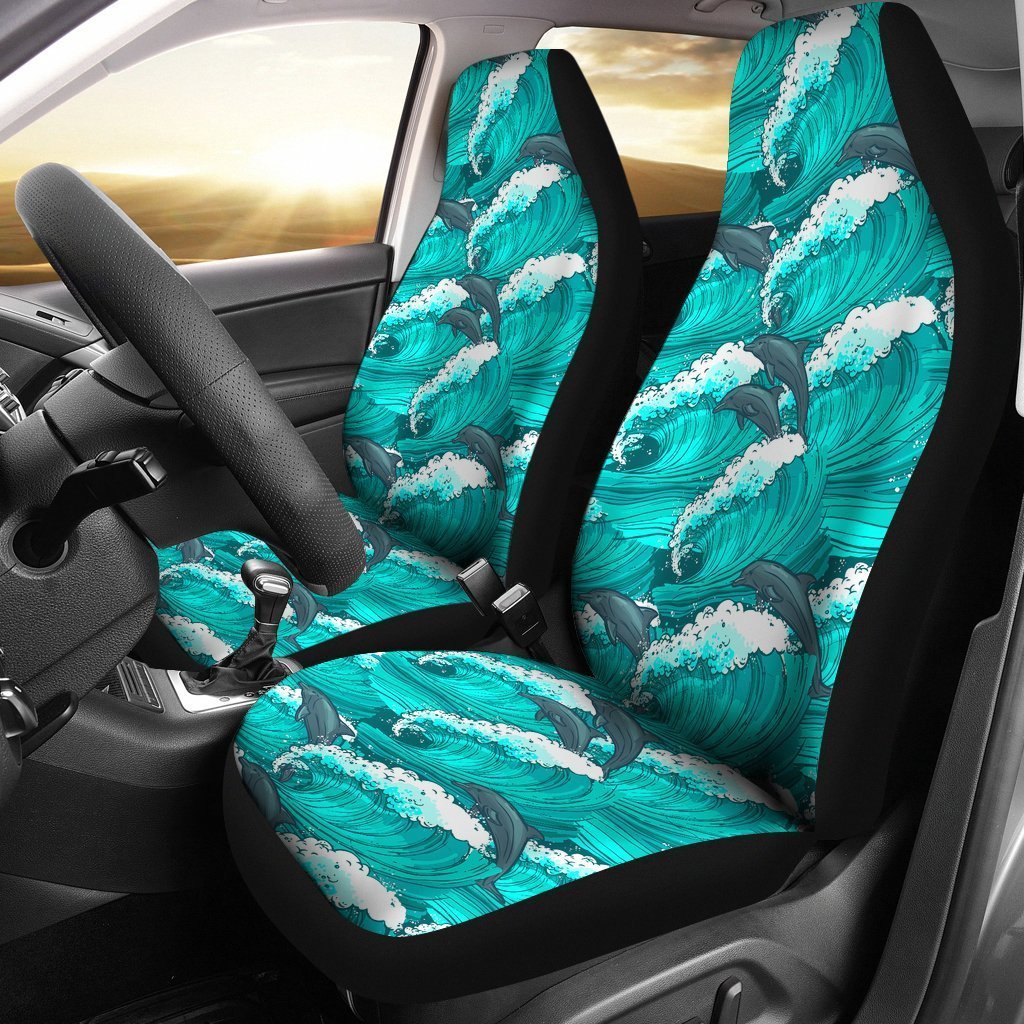 Dolphin Wave Pattern Print Seat Cover Car Seat Covers Set 2 Pc, Car Accessories Car Mats