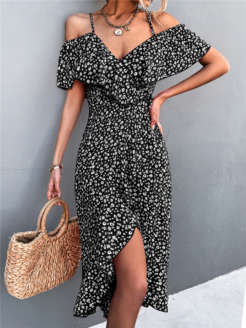 WAYOFLOVE Summer Holiday Sexy Straps Off Shoulder Dress Women Beach Casual Party Slim Ruffles Vestidos Floral Print Midi Dresses alx