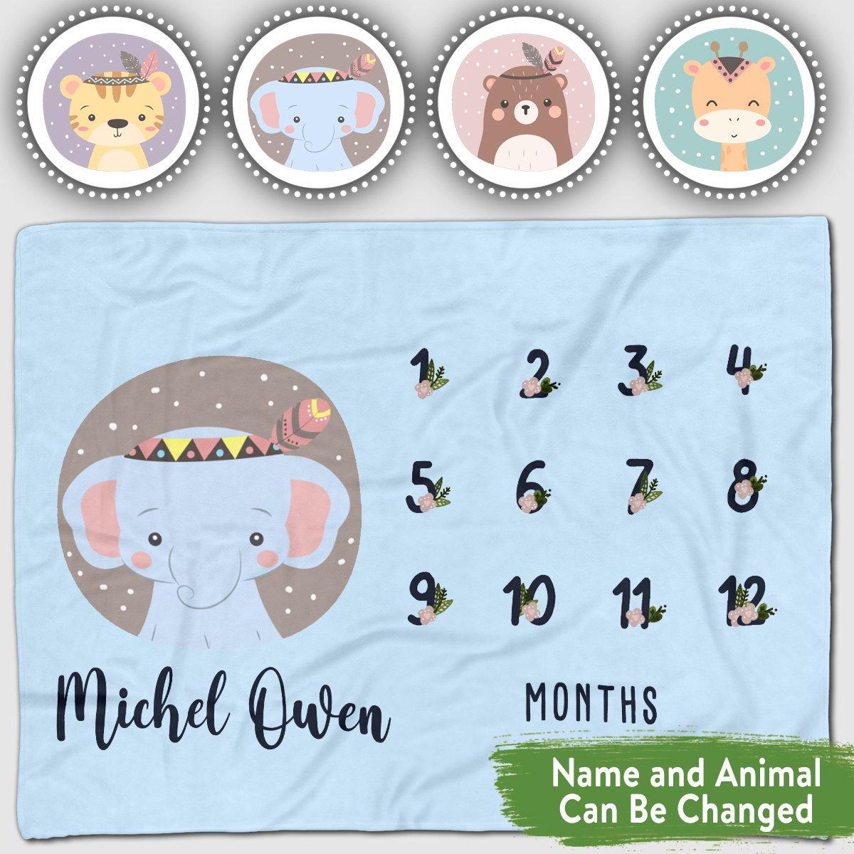 Personalized Baby Blankets , Elephant, Giraffe, Bear Baby Blanket Blue Color For Boy And Girl Baby