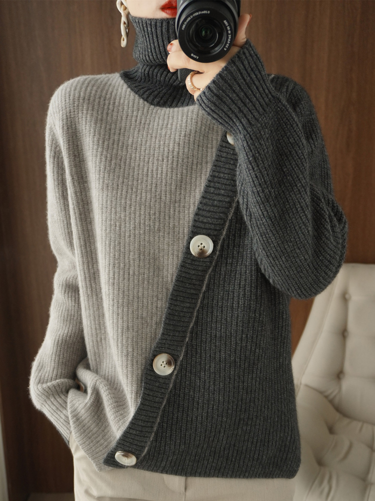 Cashmere Sweater Woman High neck Pullover 100% Pure Wool Casual Stitching Knit Tops Autumn/Winter Plus Size Korean Female Jacket alx