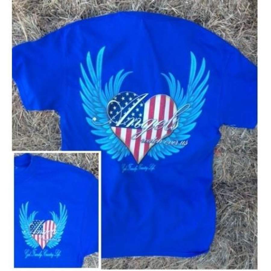 Country Life Outfitters Angel Blue USA Heart American Flag Wings Vintage Girlie Bright T Shirt