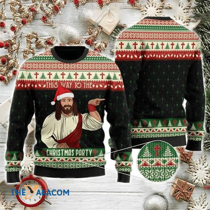 Christmas Patterns And God Jesus This Way To The Christmas Party Gift For Christmas Ugly Christmas Sweater