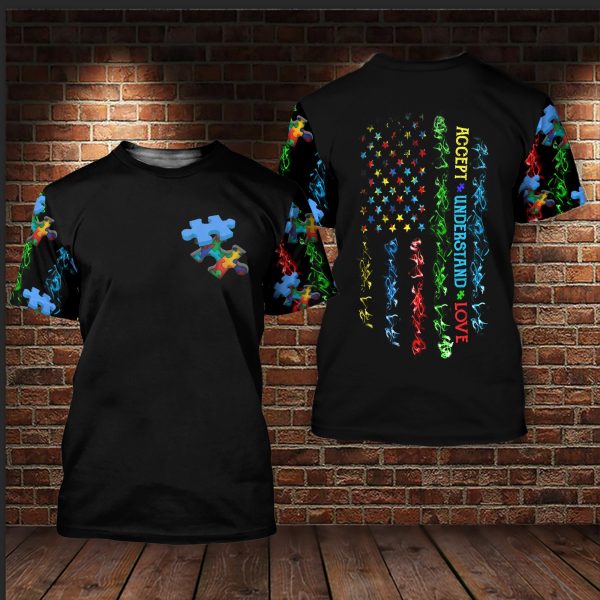 American Flag Colorful Puzzle Autism Unisex T-Shirt For Men Women Kid Autism Awareness Shirts Gifts Family Ht