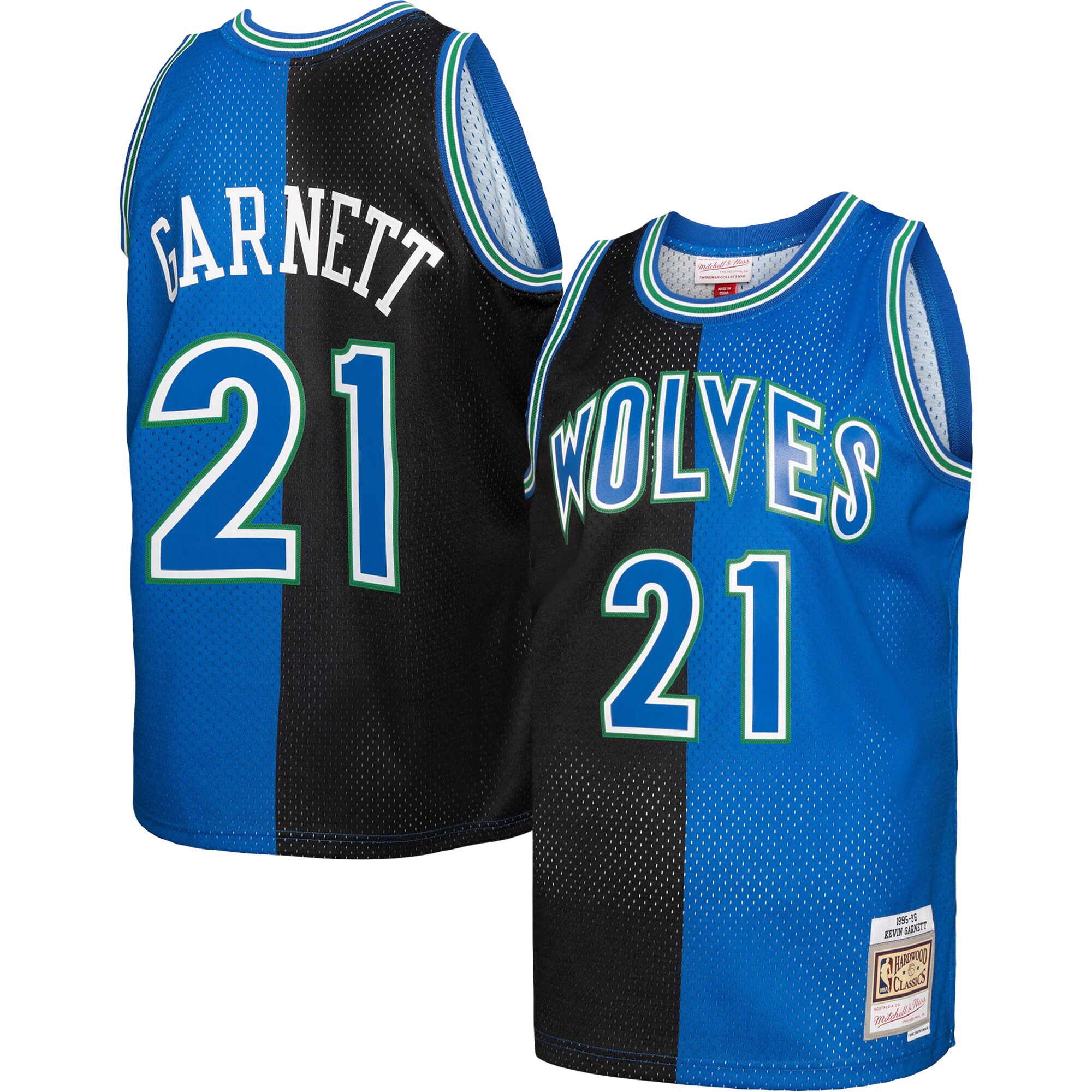 Kevin Garnett Minnesota Timberwolves Mitchell & Ness Hardwood Classics 1995/96 Split Swingman Jersey – Black/Blue