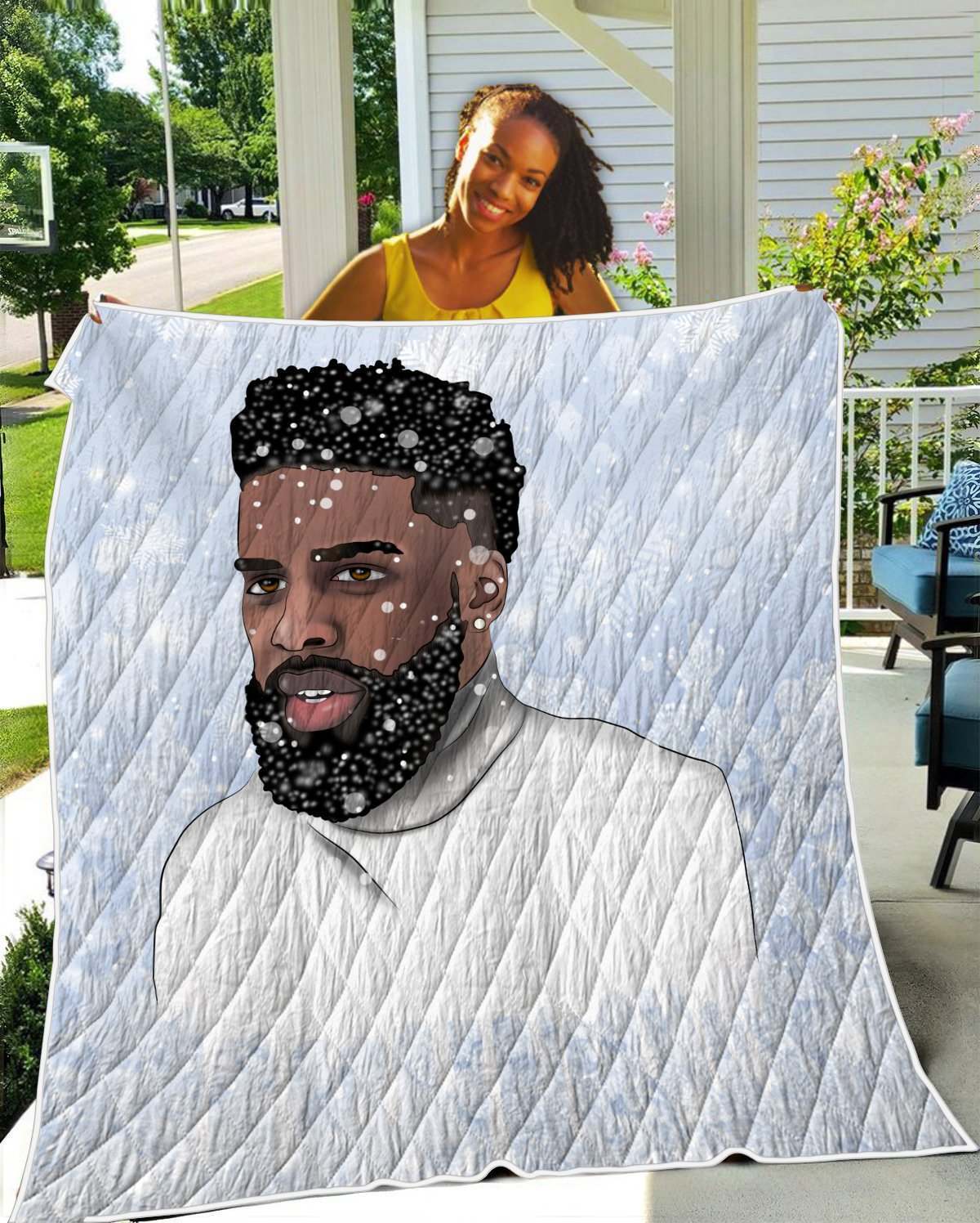 African American Art Quilt Blanket – Frozen Snow Black Short Hair Cool Men Quilt Blanket