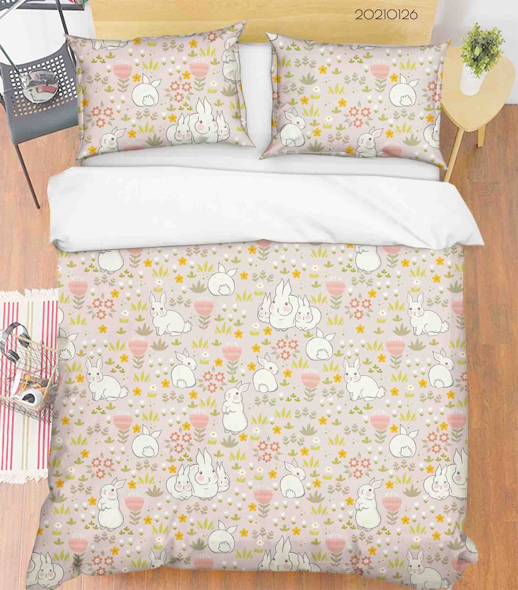 3D Hand Drawn Floral Animal Rabbit Quilt Cover Set Bedding Set Duvet Cover Pillowcases 68