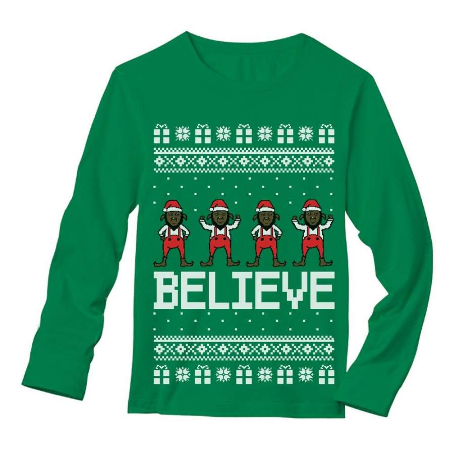 Believe Black Santa Elves Ugly Christmas Sweater Long Sleeve T-Shirt