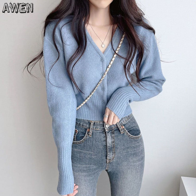 Solid V-Neck Knitting Cardigans Women Korean Style Single Breasted Short Sweaters Ladies Long Sleeve Wild Slim Sweater Coat alx