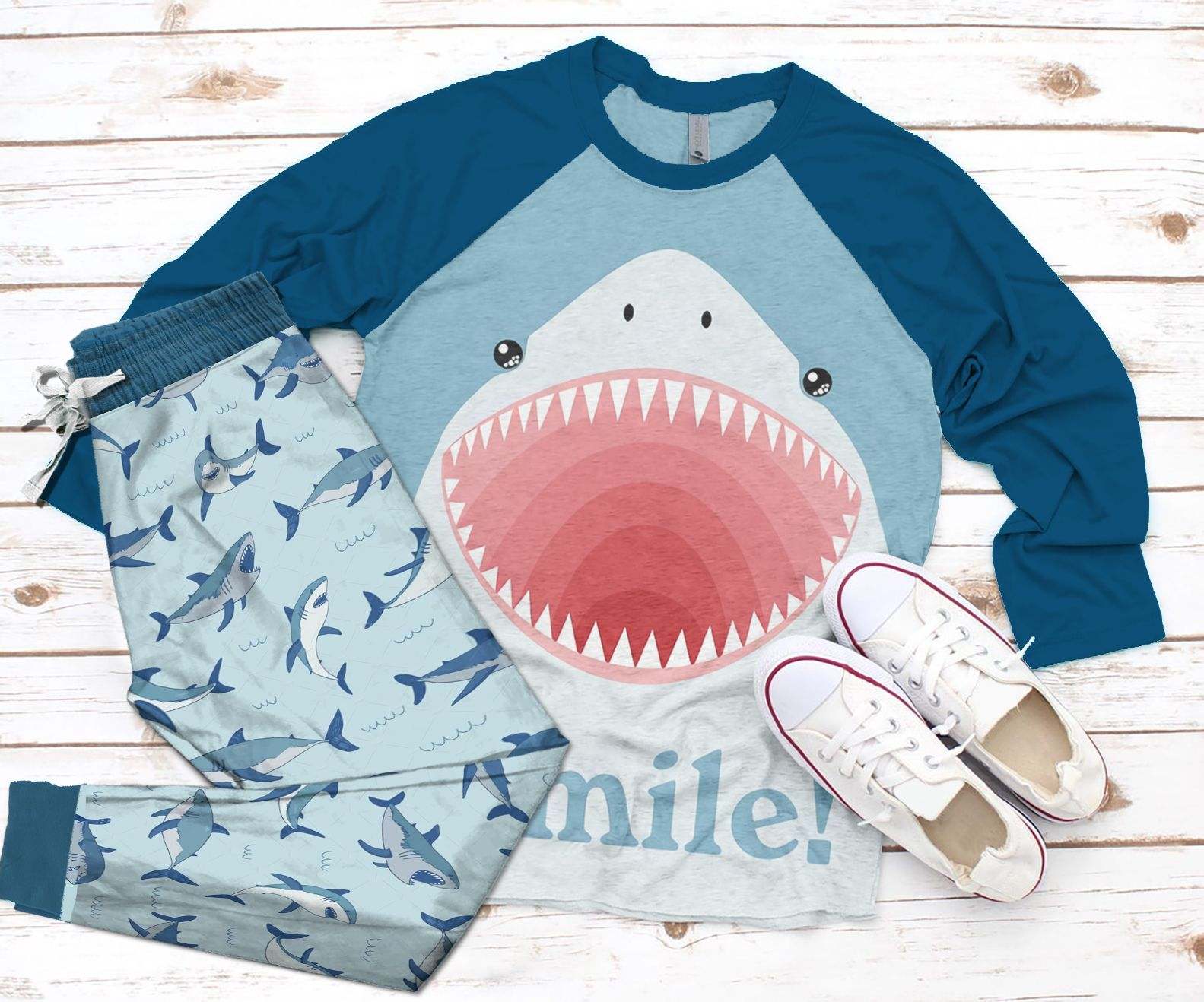 Shark DHC05013050TH Adult Raglan Shirt And Pajamas Pant Set Pjs Sleepwear For Women