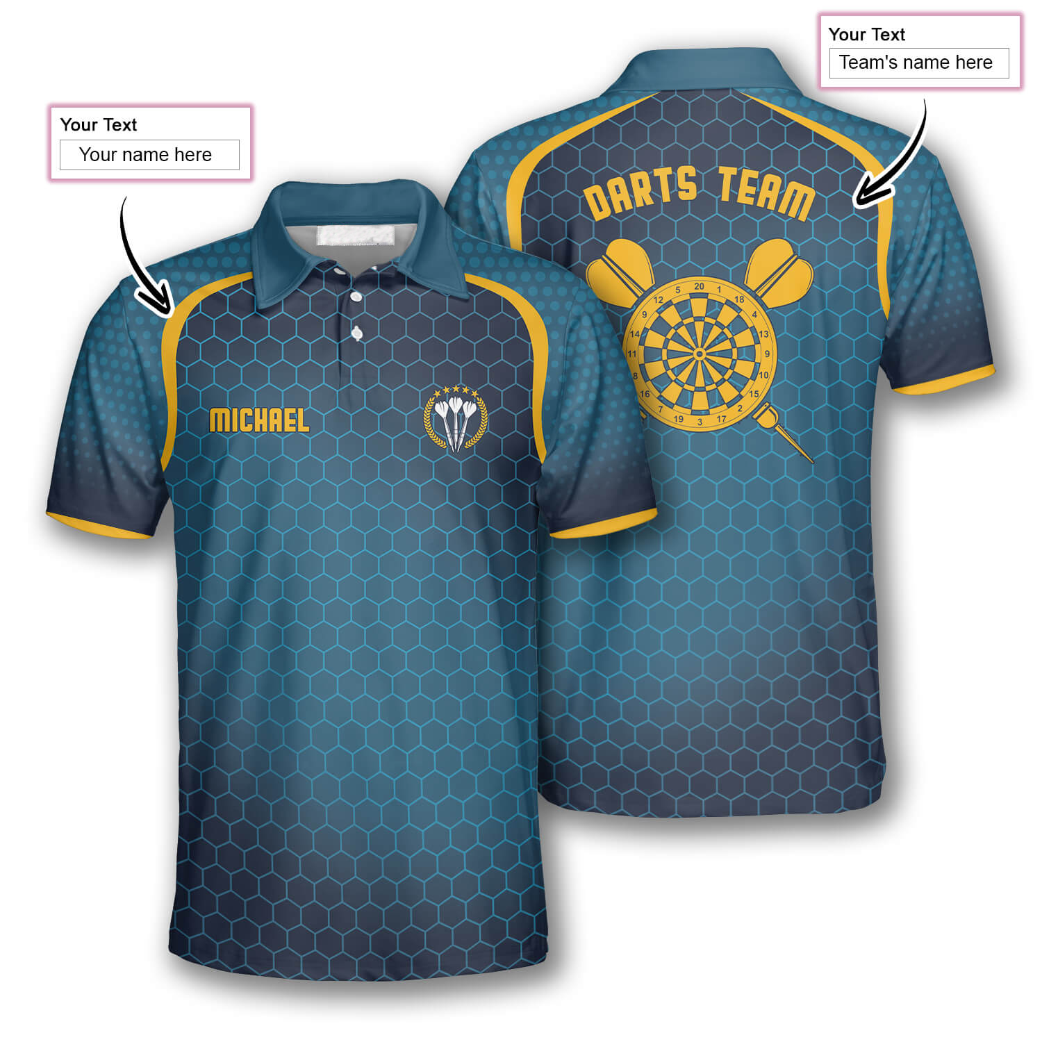 Darts Honeycomb Pattern Yellow Blue Custom Polo Shirts For Men